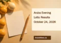 Conceptual editorial illustration of unnumbered lottery balls and a blank results slip on a warm-toned tabletop; not an official draw photograph.