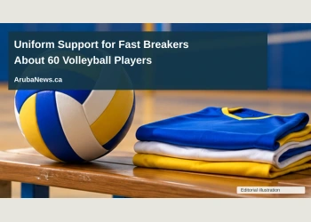Conceptual editorial illustration of a volleyball beside neatly folded plain sports jerseys on an empty indoor court bench, low angle with bright blue and yellow accents, no logos, numbers, people or recognizable venue; not a documentary photograph of the people, venue or event.