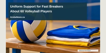 Conceptual editorial illustration of a volleyball beside neatly folded plain sports jerseys on an empty indoor court bench, low angle with bright blue and yellow accents, no logos, numbers, people or recognizable venue; not a documentary photograph of the people, venue or event.
