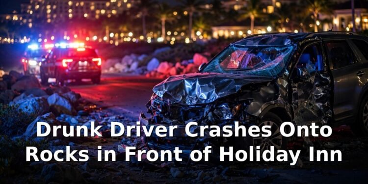 Drunk Driver Crashes Onto Rocks in Front of Holiday Inn