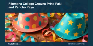 Conceptual editorial illustration: Two playful unbranded carnival hats and colorful paper streamers on a classroom table, coral and turquoise palette, bright daylight, overhead composition. Not a photograph of the actual people, event or location.