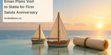 Eman Plans Visit to Statia for First Salute Anniversary Conceptual editorial illustration of two generic wooden sailboat models and a blank rolled parchment, with the First Salute anniversary headline and ArubaNews.ca branding; not a historical scene.