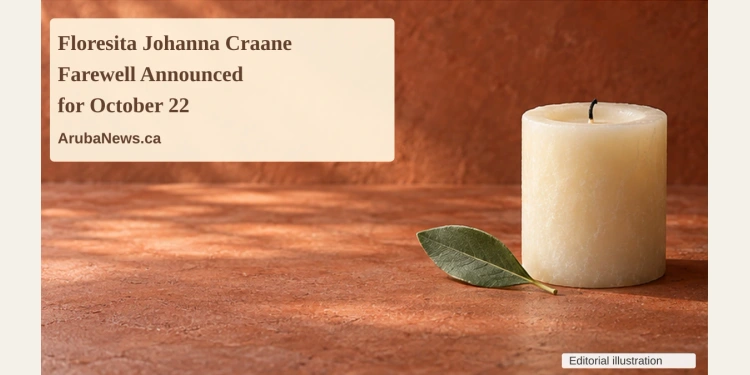 Conceptual memorial illustration of an unlit cream candle and green leaf on a terracotta tabletop, with the article headline and ArubaNews.ca branding; not a photograph of the person or funeral.