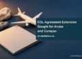 Conceptual editorial illustration of a blank agreement folder, an unarmed aircraft model and island-shaped stones; not a photograph of military operations.