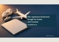 Conceptual editorial illustration of a blank agreement folder, an unarmed aircraft model and island-shaped stones; not a photograph of military operations.