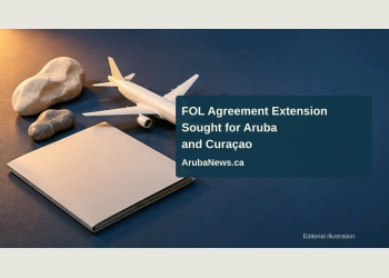Conceptual editorial illustration of a blank agreement folder, an unarmed aircraft model and island-shaped stones; not a photograph of military operations.