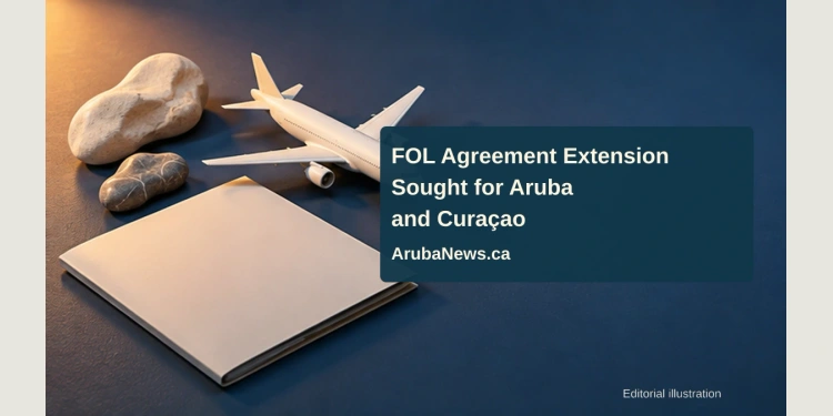 Netherlands Seeks FOL Agreement Extension for Aruba and Curaçao Conceptual editorial illustration of a blank agreement folder, an unarmed aircraft model and island-shaped stones; not a photograph of military operations.