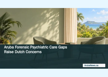 Editorial illustration of two empty consultation chairs in a calm, sunlit Caribbean room; no real clinic or patients are depicted.