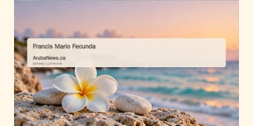 Conceptual editorial illustration; a single white flower and smooth pale stones near a softly blurred Caribbean shoreline, gentle dawn light, muted cream and blue colors, wide minimal composition. Not a documentary image of the reported event.