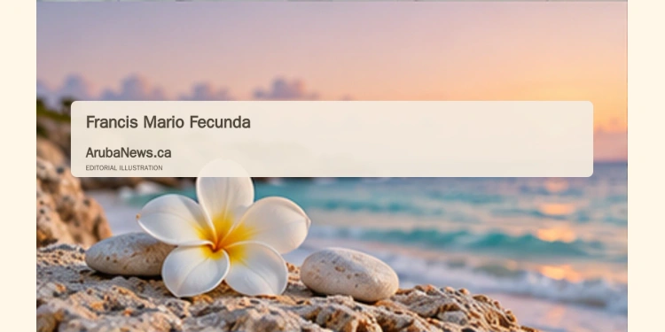 Conceptual editorial illustration; a single white flower and smooth pale stones near a softly blurred Caribbean shoreline, gentle dawn light, muted cream and blue colors, wide minimal composition. Not a documentary image of the reported event.