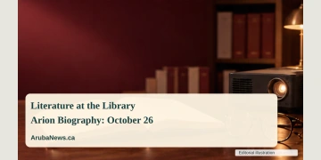 Aruba Library to Host Frank Martinus Arion Biography Presentation Conceptual editorial illustration of an open blank book and reading glasses beside a simple projector silhouette in a softly lit library, burgundy and cream palette, no readable book covers or portraits; not a documentary photograph of the people, venue or event.