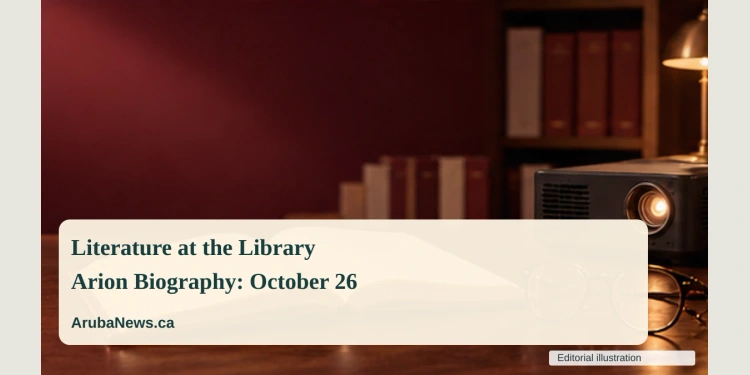 Conceptual editorial illustration of an open blank book and reading glasses beside a simple projector silhouette in a softly lit library, burgundy and cream palette, no readable book covers or portraits; not a documentary photograph of the people, venue or event.