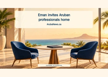 Conceptual editorial illustration of a career-fair meeting table and an unmarked portfolio, representing professional opportunities and returning home.