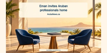 Conceptual editorial illustration of a career-fair meeting table and an unmarked portfolio, representing professional opportunities and returning home.