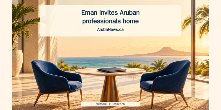 Conceptual editorial illustration of a career-fair meeting table and an unmarked portfolio, representing professional opportunities and returning home.
