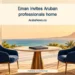 Conceptual editorial illustration of a career-fair meeting table and an unmarked portfolio, representing professional opportunities and returning home.
