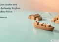 Conceptual editorial illustration of a wooden cargo-ship model, two groups of wooden blocks and a clear glass arc, with the article headline and ArubaNews.ca branding; not an actual port or approved relocation design.