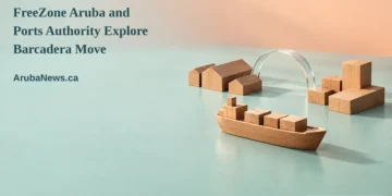 Conceptual editorial illustration of a wooden cargo-ship model, two groups of wooden blocks and a clear glass arc, with the article headline and ArubaNews.ca branding; not an actual port or approved relocation design.