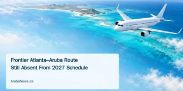 Conceptual editorial illustration of an unbranded passenger aircraft above turquoise Caribbean waters, with a Frontier route headline and ArubaNews.ca branding.