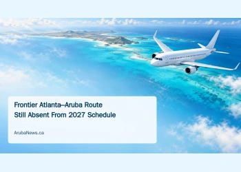 Conceptual editorial illustration of an unbranded passenger aircraft above turquoise Caribbean waters, with a Frontier route headline and ArubaNews.ca branding.