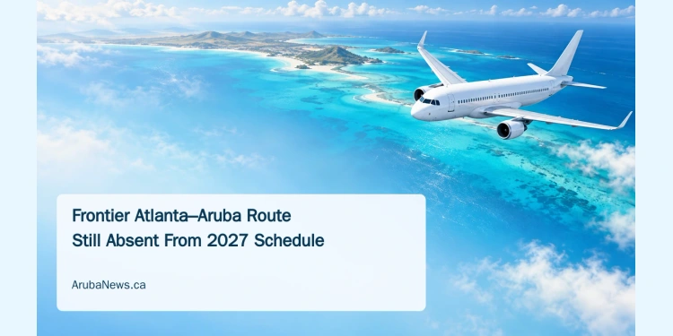 Conceptual editorial illustration of an unbranded passenger aircraft above turquoise Caribbean waters, with a Frontier route headline and ArubaNews.ca branding.