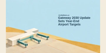 Conceptual architectural-paper illustration of a generic terminal block and three teal boarding bridges, with the Gateway 2030 headline and ArubaNews.ca branding; not the actual airport or a completed-project depiction.