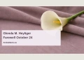 Editorial memorial illustration of an ivory calla lily on fabric; not a photograph of Glenda M. Heyliger or the funeral venue.