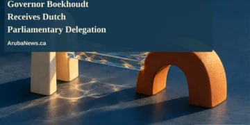 Conceptual editorial illustration of two ceramic arches joined by a glass bridge, with the article headline and ArubaNews.ca branding; not an actual government building.