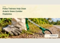 Conceptual editorial illustration of work gloves, a collection sack and litter grabber beside a tropical roadside; not a photograph of the police trainees.