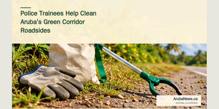 Police Trainees Help Clean Aruba’s Green Corridor Roadsides Conceptual editorial illustration of work gloves, a collection sack and litter grabber beside a tropical roadside; not a photograph of the police trainees.