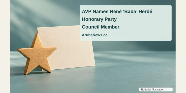Conceptual illustration of a plain wooden star beside a blank presentation card on a teal tabletop, not an actual party award, with the article headline and ArubaNews.ca branding; no portrait or documentary scene.