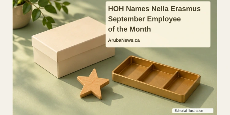 HOH Names Nella Erasmus September Employee of the Month Conceptual editorial still life of a wooden star, unmarked supply box and empty sorting tray, with the article headline and ArubaNews.ca branding; not the employee or actual award.
