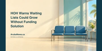 Editorial illustration of three empty blue hospital waiting-room chairs in Caribbean daylight, with the headline about HOH funding and ArubaNews.ca branding.