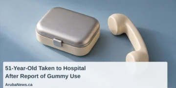 51-Year-Old Taken to Hospital After Report of Gummy Use Conceptual illustration of a plain closed supply case and blank telephone handset on a pale blue tabletop, not actual medical evidence, with the article headline, ArubaNews.ca branding and editorial-illustration label.