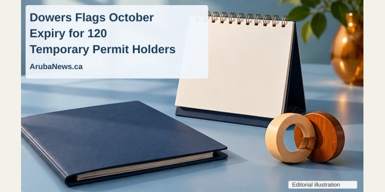Conceptual editorial illustration of a blank calendar, closed folder and interlocking wooden rings on a blue desk, with the article headline and ArubaNews.ca branding.