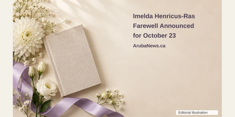 Imelda Henricus-Ras Farewell Announced for October 23 Conceptual memorial illustration of a blank closed linen-bound book, white flowers and lavender ribbon on ivory, with the article headline and ArubaNews.ca branding; no portrait or documentary scene.