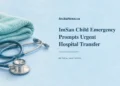 Conceptual colored-pencil editorial illustration of a stethoscope and folded teal blanket with the ImSan child emergency headline; symbolic medical care, not the child or actual incident.