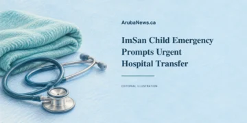ImSan Child Emergency Prompts Urgent Hospital Transfer Conceptual colored-pencil editorial illustration of a stethoscope and folded teal blanket with the ImSan child emergency headline; symbolic medical care, not the child or actual incident.