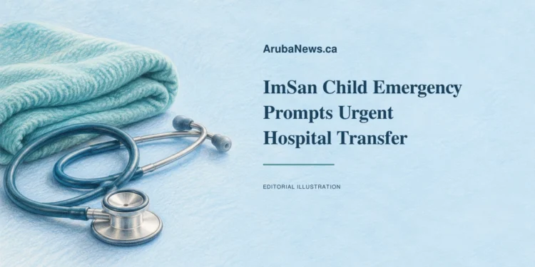 ImSan Child Emergency Prompts Urgent Hospital Transfer Conceptual colored-pencil editorial illustration of a stethoscope and folded teal blanket with the ImSan child emergency headline; symbolic medical care, not the child or actual incident.