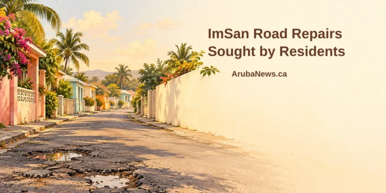 Conceptual editorial illustration of a worn Caribbean neighbourhood road with potholes, not the actual ImSan road, with a residents’ repair-appeal headline and ArubaNews.ca branding.
