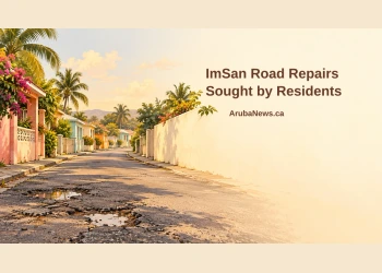 Conceptual editorial illustration of a worn Caribbean neighbourhood road with potholes, not the actual ImSan road, with a residents’ repair-appeal headline and ArubaNews.ca branding.