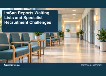 Conceptual editorial illustration: Empty generic outpatient waiting room with plain chairs and a softly illuminated hallway, clean blue and cream, quiet eye-level composition, no patients, staff, signs, medical claims or logos. Not a photograph of the actual event, people or location.