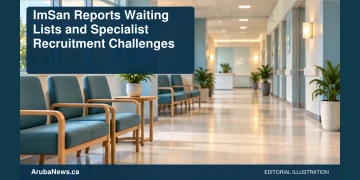 Conceptual editorial illustration: Empty generic outpatient waiting room with plain chairs and a softly illuminated hallway, clean blue and cream, quiet eye-level composition, no patients, staff, signs, medical claims or logos. Not a photograph of the actual event, people or location.