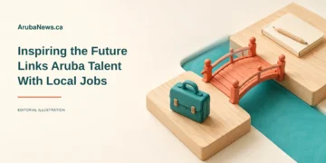 Conceptual editorial illustration of a miniature coral bridge linking a briefcase and blank notebook, symbolizing professional connections, with the Inspiring the Future headline; not an actual venue.