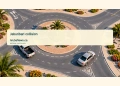 One Person Treated After Jaburibari Roundabout Collision Conceptual editorial illustration; a generic small Caribbean roundabout with a pickup and sedan traveling in separate lanes, abstract road geometry, turquoise and sand palette, clear afternoon light, spacious right side for headline. Not a documentary image of the reported event.