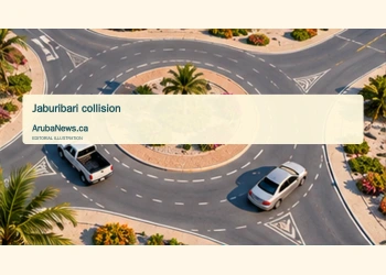 Conceptual editorial illustration; a generic small Caribbean roundabout with a pickup and sedan traveling in separate lanes, abstract road geometry, turquoise and sand palette, clear afternoon light, spacious right side for headline. Not a documentary image of the reported event.