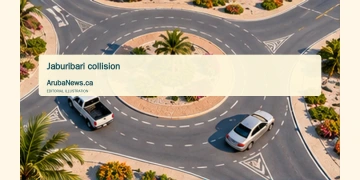 One Person Treated After Jaburibari Roundabout Collision Conceptual editorial illustration; a generic small Caribbean roundabout with a pickup and sedan traveling in separate lanes, abstract road geometry, turquoise and sand palette, clear afternoon light, spacious right side for headline. Not a documentary image of the reported event.