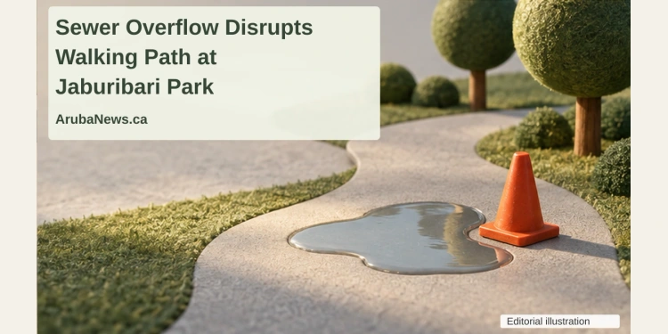 Conceptual editorial model of a park path with a puddle and plain cone beside miniature trees, with the article headline and ArubaNews.ca branding; not a photograph of Parke Curason.