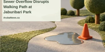 Conceptual editorial model of a park path with a puddle and plain cone beside miniature trees, with the article headline and ArubaNews.ca branding; not a photograph of Parke Curason.