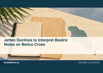 Conceptual editorial illustration: A blank historical notebook and archival folder beside a small abstract Caribbean island silhouette, cream and muted blue, overhead view. No handwriting, royalty, portraits, insignia or fabricated documents. Not a photograph of the actual event, people or location.